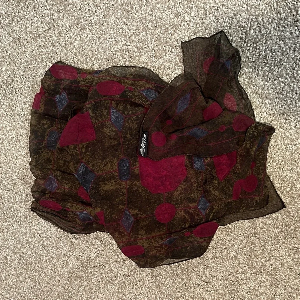 Linda Allard‎ For Ellen Tracy VTG Printed Silk Scarf Brown Burgundy Blue Luxury